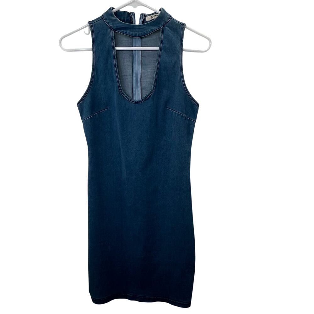 Denim Bodycon Mini Dress S Sleeveless Blue Chambray Stretch Keyhole High Neck